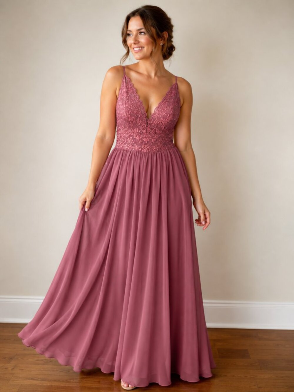 Mori Lee Madeline Gardner 21656 Dusty Rose Chiffon Bridesmaid Dress Size 10 READ